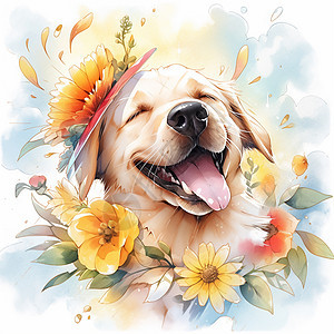 头上戴着黄色小花开心笑的可爱卡通小狗水彩画图片