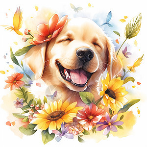 被各种漂亮的花朵围绕开心笑的可爱卡通小狗背景图片