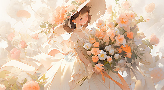 怀抱一大束鲜花戴着帽子穿着公主裙的卡通小女孩图片