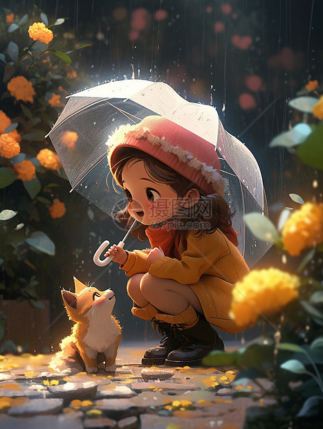 雨中撑着透明雨伞的卡通小女孩与路上可爱的卡通小猫对视图片
