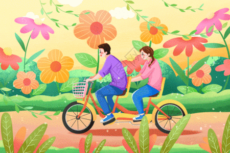 春天春游踏青旅游骑行的情侣GIF图片