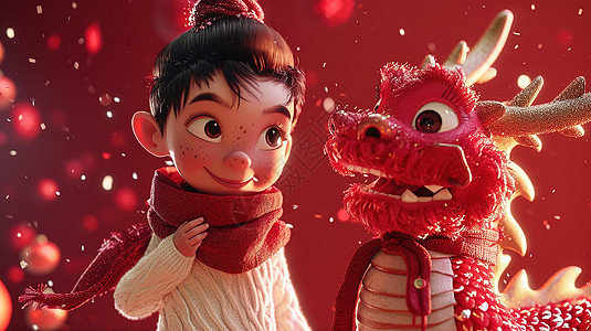 新春3D中国龙和男孩图片