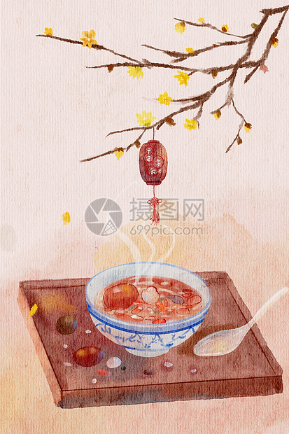 手绘水彩风腊八粥插画图片