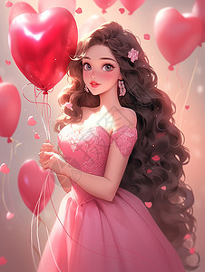 拿着红色爱心气球穿着漂亮裙子的长卷发卡通女孩背景图片