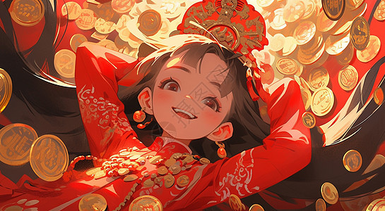 穿着红色古风衣服躺在金币堆中开心笑的卡通女孩图片