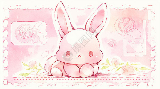 趴着的粉色可爱卡通小白兔图片