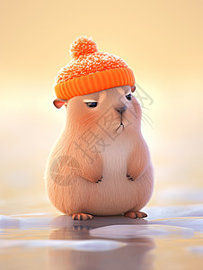 戴着橙色毛线帽站在地上的可爱卡通小仓鼠图片
