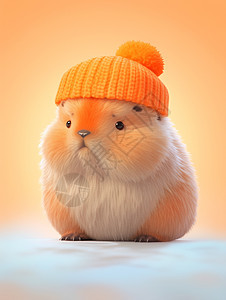 毛茸茸可爱的卡通小仓鼠带着橙色毛线帽图片