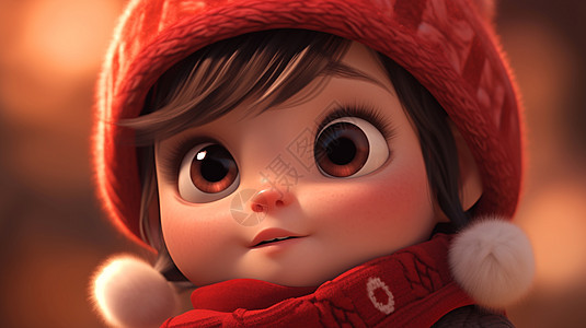 戴着红帽子围着红色围巾大眼睛可爱的卡通小女孩图片