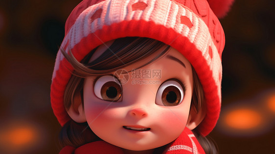 戴着红色毛线帽面带微笑可爱的卡通小女孩图片