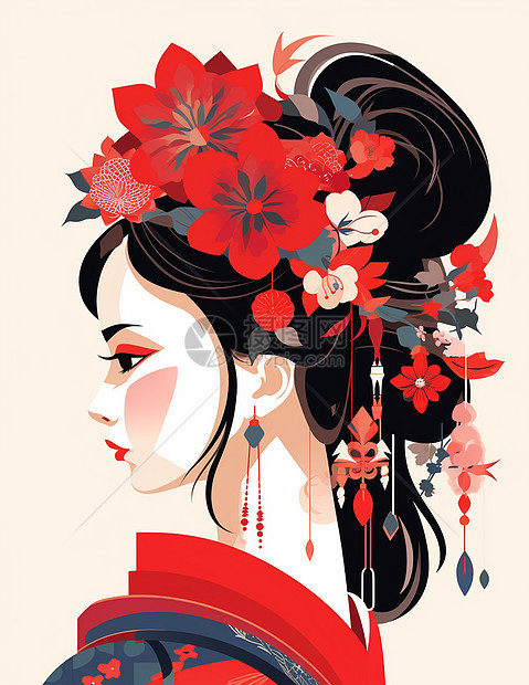 头戴红色花朵黑色盘发优雅漂亮的古风卡通女人图片