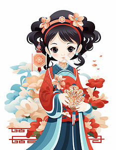 怀抱花朵穿着喜庆的古风服装漂亮的卡通女人图片