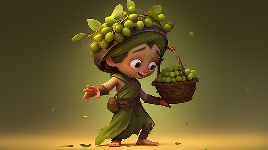 头戴绿色水果花环的卡通男孩手端着一竹篮子绿色水果图片