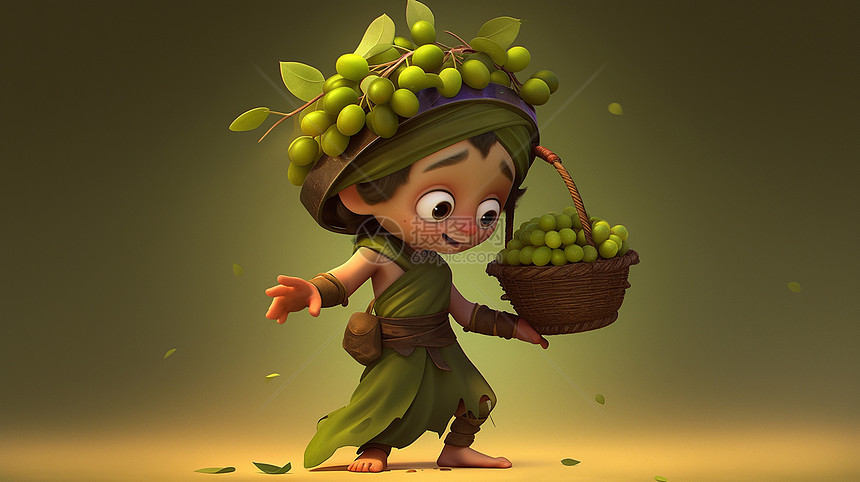 头戴绿色水果花环的卡通男孩手端着一竹篮子绿色水果图片