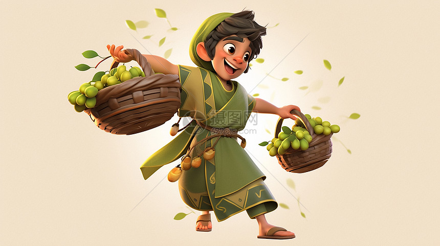 双手提着两筐绿色水果开心笑大步走路的卡通男青年图片
