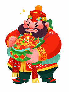 穿着喜庆的红色古风服装抱着聚宝盆的卡通老爷爷开心笑背景图片