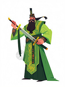 穿着绿色长袍手拿武器的古风卡通老爷爷图片