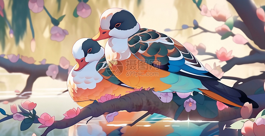 站在桃花树上两只漂亮的卡通鸳鸯鸟图片