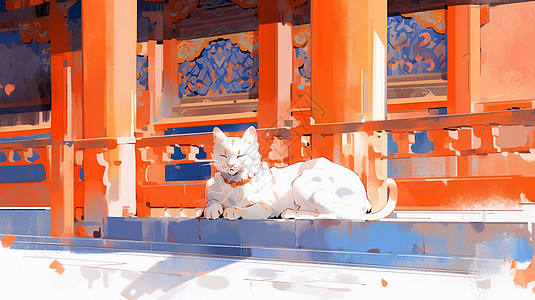 白色卡通猫趴在红色古风建筑的墙墙外晒太阳图片