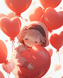 在红色爱心气球中抱着一个大大的红色爱心气球开心笑的卡通小女孩插画