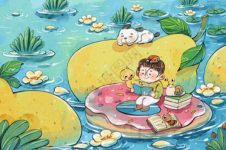 湖下手绘水彩惊蛰之看书的男孩与梨可爱治愈系插画插画