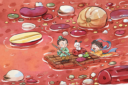 手绘水彩腊八节之古风腊八粥划船创意可爱插画图片