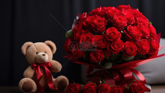 一束红玫瑰和泰迪熊图片