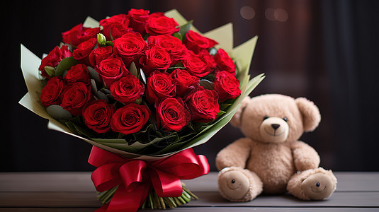 情人节一束红玫瑰和泰迪熊背景图片