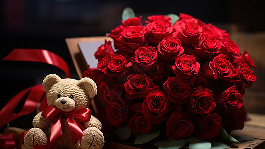 情人节红玫瑰和泰迪熊图片
