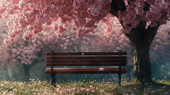 春天樱花树下长椅图片