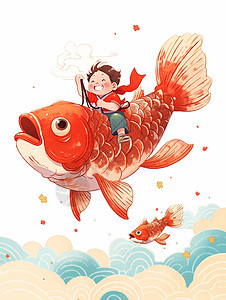 骑着红锦鲤开心笑的可爱卡通小男孩高清图片