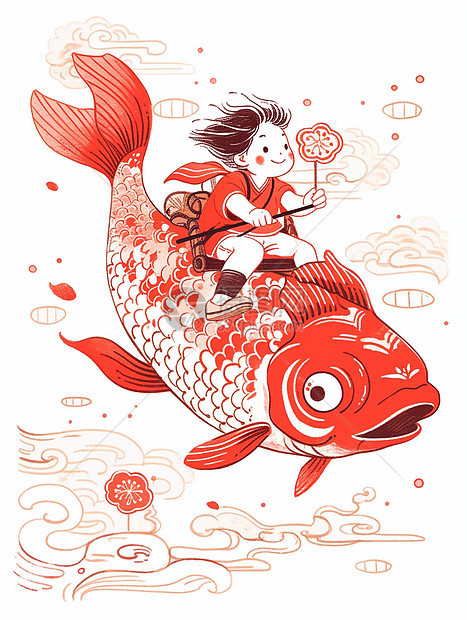 年画风骑着红鲤鱼可爱的卡通小男孩图片