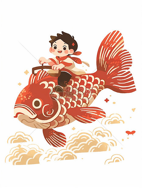 年画风可爱的卡通小男孩骑着红色巨大的卡通鲤鱼图片
