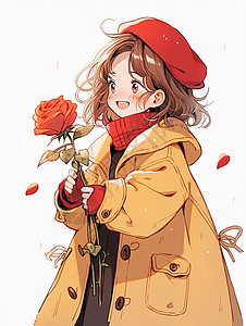 手拿红玫瑰戴着红围巾开心笑的卡通小女孩图片