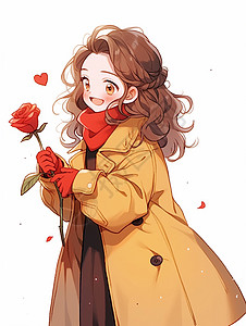 围着红围巾穿着黄色风衣开心笑的可爱卡通女孩看着玫瑰花图片