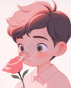 看着红色玫瑰画发呆的可爱卡通小男孩图片