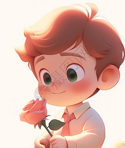 系着红色领带手拿玫瑰花的可爱卡通小男孩图片