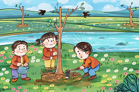 手绘植树节之儿童种树可爱插画图片