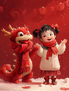 穿着米色毛衣与红色可爱的卡通龙一起玩耍的卡通小女孩，图片