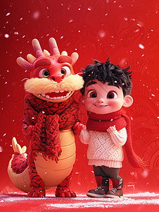 新年与红色喜庆的卡通龙站在一起的可爱卡通小男孩图片