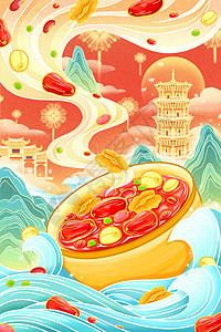 国潮风中国风腊八节腊八粥建筑山水喜庆氛围插画图片