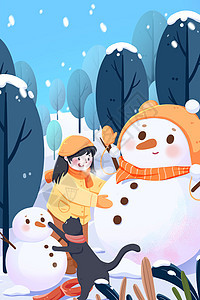 大寒节气主题插画小女孩小猫堆雪人画面背景图片