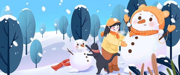 大寒节气下雪天小猫和小女孩堆雪人主题插画插画