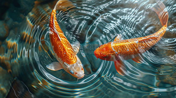 在清澈的水中游泳的两条金花色锦鲤图片