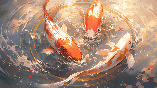 鱼三条吉祥喜庆的卡通锦鲤在水中自由的游泳插画