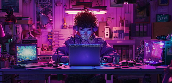 夜晚坐在电脑前 努力加班干活的卡通男青年图片
