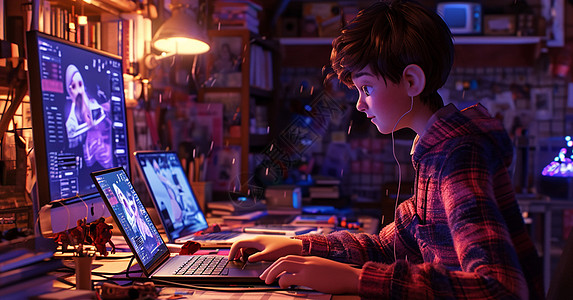 穿着红格子衫夜晚在电脑前努力工作的卡通男青年图片