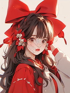 头上戴着红色漂亮卡通蝴蝶结的女孩背景图片