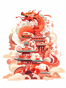 红色喜庆的卡通龙飞舞在古建筑中祥云间图片