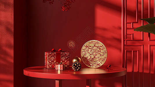红色喜庆的圆桌上放着礼物盒图片